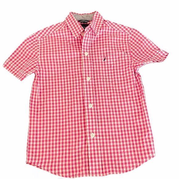 Nautica Boys Red White Gingham Short Sleeve Shirt - Picture 1 of 5